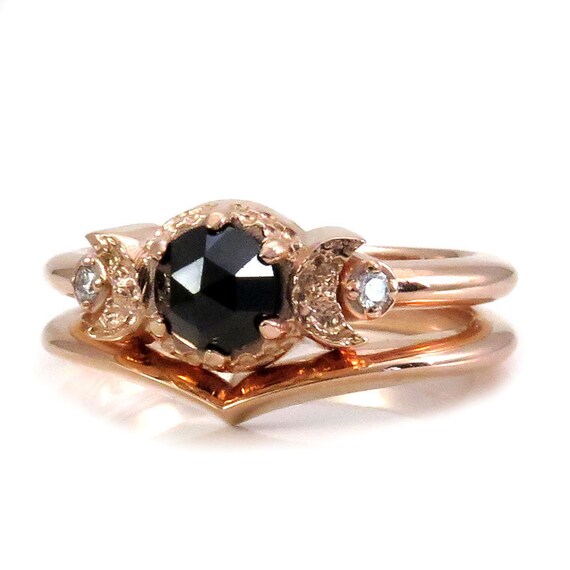 Black Diamond and Rose Gold Engagement Ring Set - Triple Moon Goddess Stacking Rings