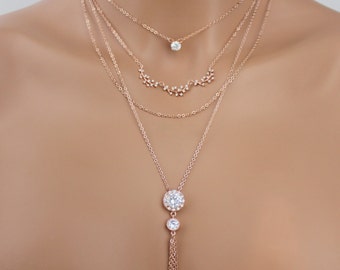 Rose Gold Layering necklace, Rose Gold Choker necklace, Layered and long necklace, Layered choker necklace, Long layered necklace, Crystal