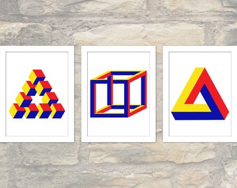 3 impossible geometry posters - Penrose Triangle, Necker Cube, Reutersvard's in primary Bauhaus colours - Wall Art, Printable PDF+JPG