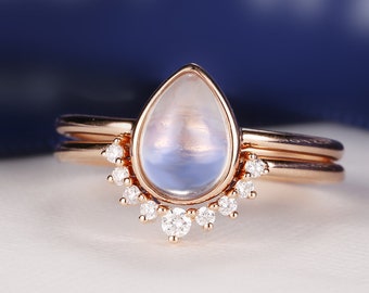 Moonstone Engagement Ring Rose Gold Vintage Delicate Diamond Wedding women Bridal set jewelry Simple Pear Shaped Cut Stacking Anniversary
