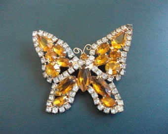 Vintage Amber & Clear Glass Rhinestone Butterfly Brooch Pin