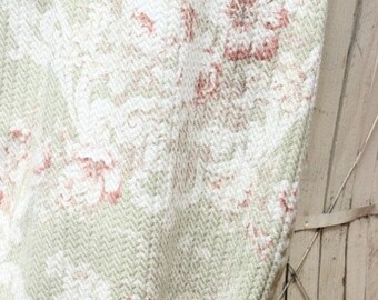 Romantic 1930s White Scrolled English Chocolate Cocoa Cabbage Rose Bouquet Vintage Green Barkcloth Fabric Drape