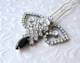 Rhinestone Hair Comb Black and White Hairpin Vintage Jewelry Hairpiece Art Deco Wedding Bohemian Chic Bride Ballroom Pageant Prom Accessory