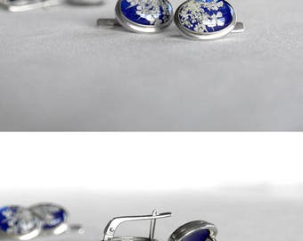 Blue earrings flowers Small earrings for girl Sterling silver earrings gift|for|women present Unusual earrings Bridal earrings for bride