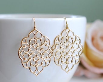 Large Gold Filigree Earrings. Boho Chic Moroccan Bohemian Filigree Dangle Earrings