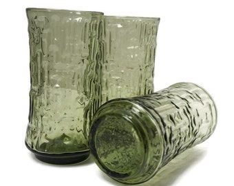 Vintage Green Glass Tumblers, Set of 3