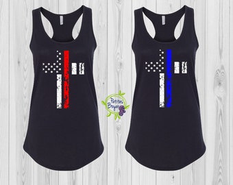 Thin Blue Line Distressed Cross OR Thin Red Line Cross Summer Tank Top - Next Level Racerback Tank-Law Enforcement - Firefighter