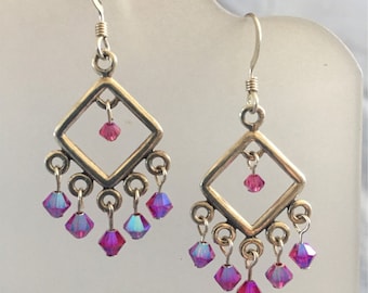 Fuschia Crystal Silver Chandelier Earrings
