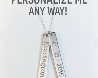 Name and Birthdate Necklace, Personalized Vertical Bar Necklace, Initial Necklace, Mom Name Plate Necklace, Children's Kids Name Necklace