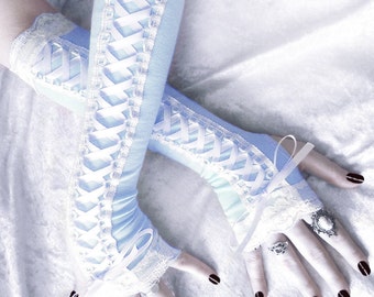 Seafaring Maiden Victorian Corset Laced Up Arm Warmers | Baby Powder Blue White Lace | Wedding Bridal Frozen Snow Pastel Gothic Goth Elegant