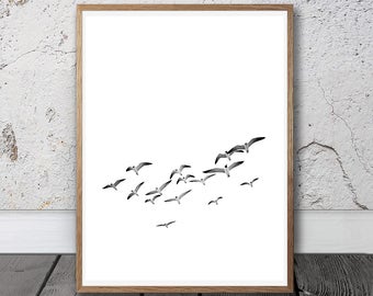 Birds Print - Printable Photo, Flying Birds Print, Flock Of Birds Wall Art, Minimalist Decor, Black And White Photo, Sea Print, Beach Photo