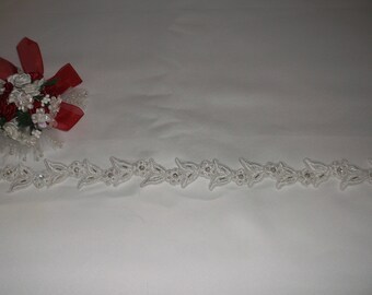 White Rhinestone/Pearl Beaded Leaf Lace