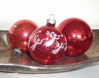 red Christmas ornaments - vintage glass balls one with white and gold glitter angels - shabby cottage chic - ornate hollywood regency