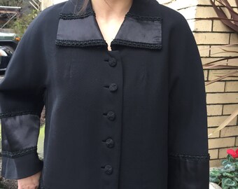 20's-30's Beautiful black coat~ Downton Abby style~ wool~ satin border~ size Medium - large