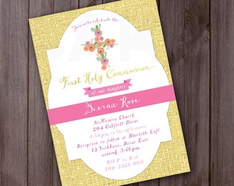 Girls Communion invitation, First Communion Printable invite, pink communion invite, first holy communion invite, spring communion printable