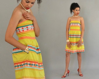 Summer in the Alps Dress - Vintage Colorful Yellow Strapless Leifsdottir Cotton Dress With Patchwork and Embroidered Details Size 4