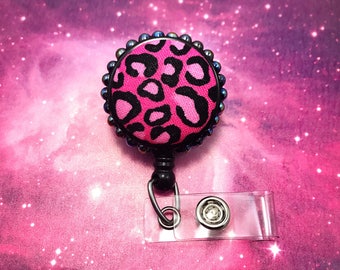 Pink Leopard Pattern Pin Up Girl Decoden Kawaii Fairy Kei Goth Girly Badge Reel Retractable ID Holder Nurse CNA RN Technician Medical