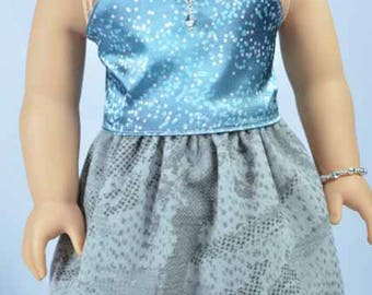 American Girl SKIRT Gray Print Velveteen with Halter Top SHIRT and JEWELRY