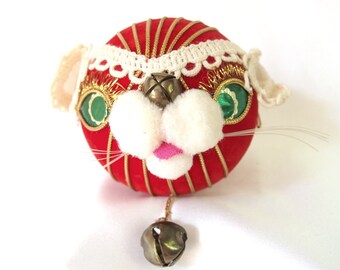 Vintage Plastic Christmas Ornament, Flocked Red Cat Christmas Ornament