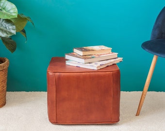 Brown Leather Moroccan Pouf. PREMIUM QUALITY