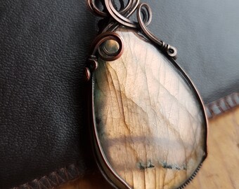 Golden Labradorite Pendant in Oxidized Bare Copper Wire