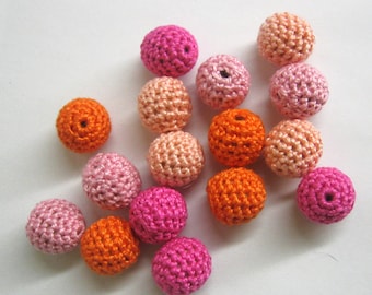 Crocheted beads 16 mm - round handmade beads, pink and orange mix, 16 pc
