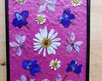 Pressed Flower Picture: 'Larkspur and Daisies'. Hand-made, unique pressed flower picture. Gift for her.