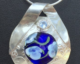 Silver & Blue Floral Glass Lampwork Bead Pendant