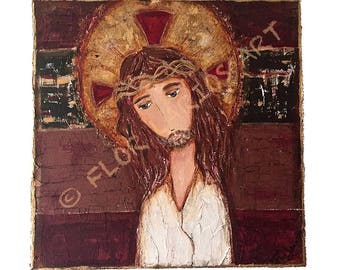 Jesus - Crown of Thorns - Giclee print mounted on Wood (4 x 4 inches) Folk Art by FLOR LARIOS