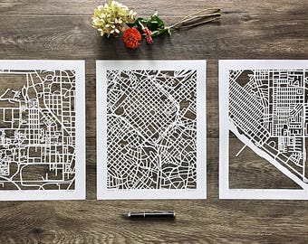 custom hand cut map, set of three 11"x14" ORIGINALS