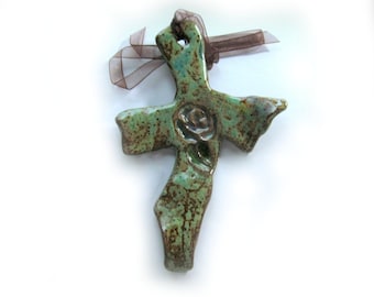 Wall Hanging Cross, Cross for Wall, Ceramic Cross, Decorated Art Wall Cross,petite cross, OOAK Cross, # 3