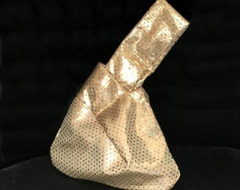 Champagne sequin bag, holiday evening bag, Japanese knot bag, New Years Eve purse, formal evening bag, sequin wristlet, pale gold purse