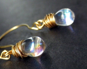 Clear Glass Teardrop Earrings, Gold Wire Wrapped. Handmade Jewelry by Gilliauna