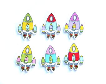 10 Assorted Rocket Spaceship Wooden Buttons