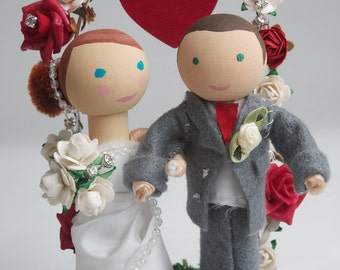 Handmade, Customized, Bride & Groom Wooden Peg Doll, Wedding Cake Topper