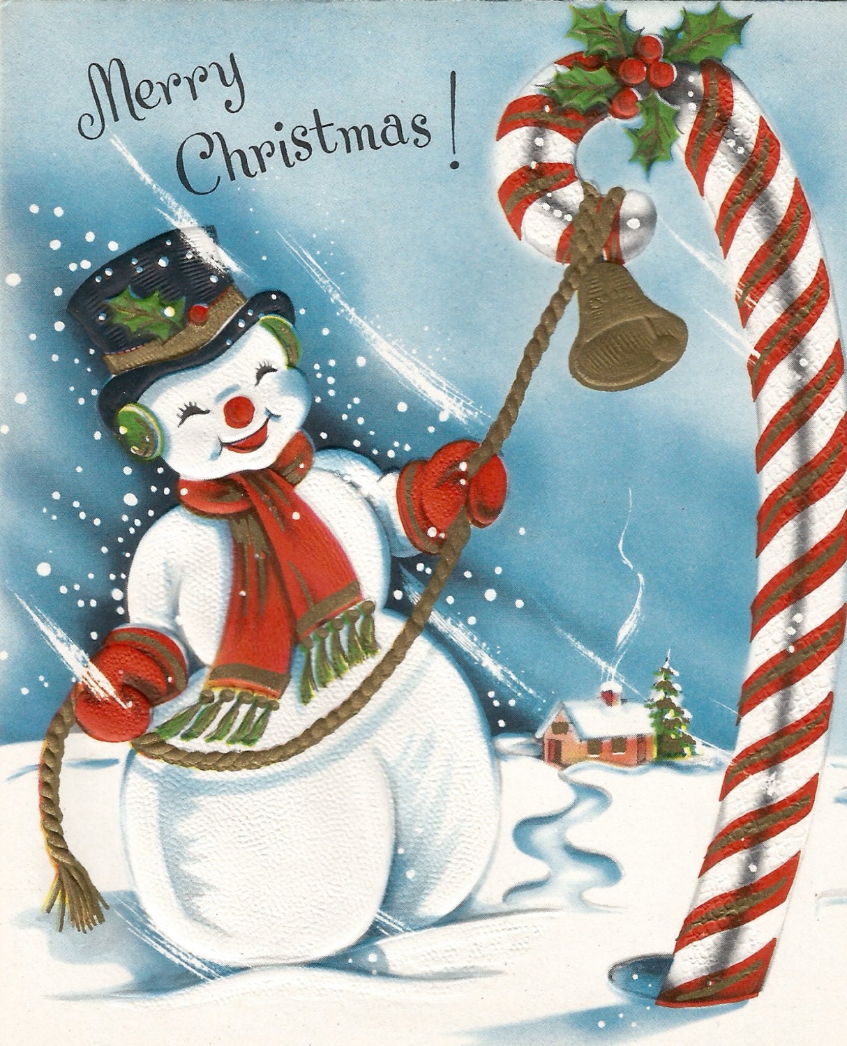 Vintage Christmas card snowman and candy cane digital download