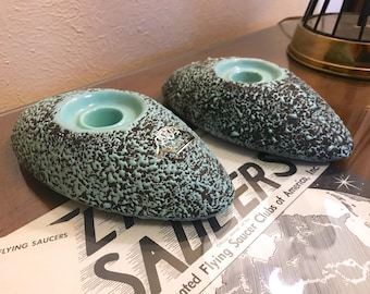 Pair of Fabulous Vintage 1950s Shawnee Kenwood USA Splatter Confetti Lava Glaze Candle Holders Atomic Era