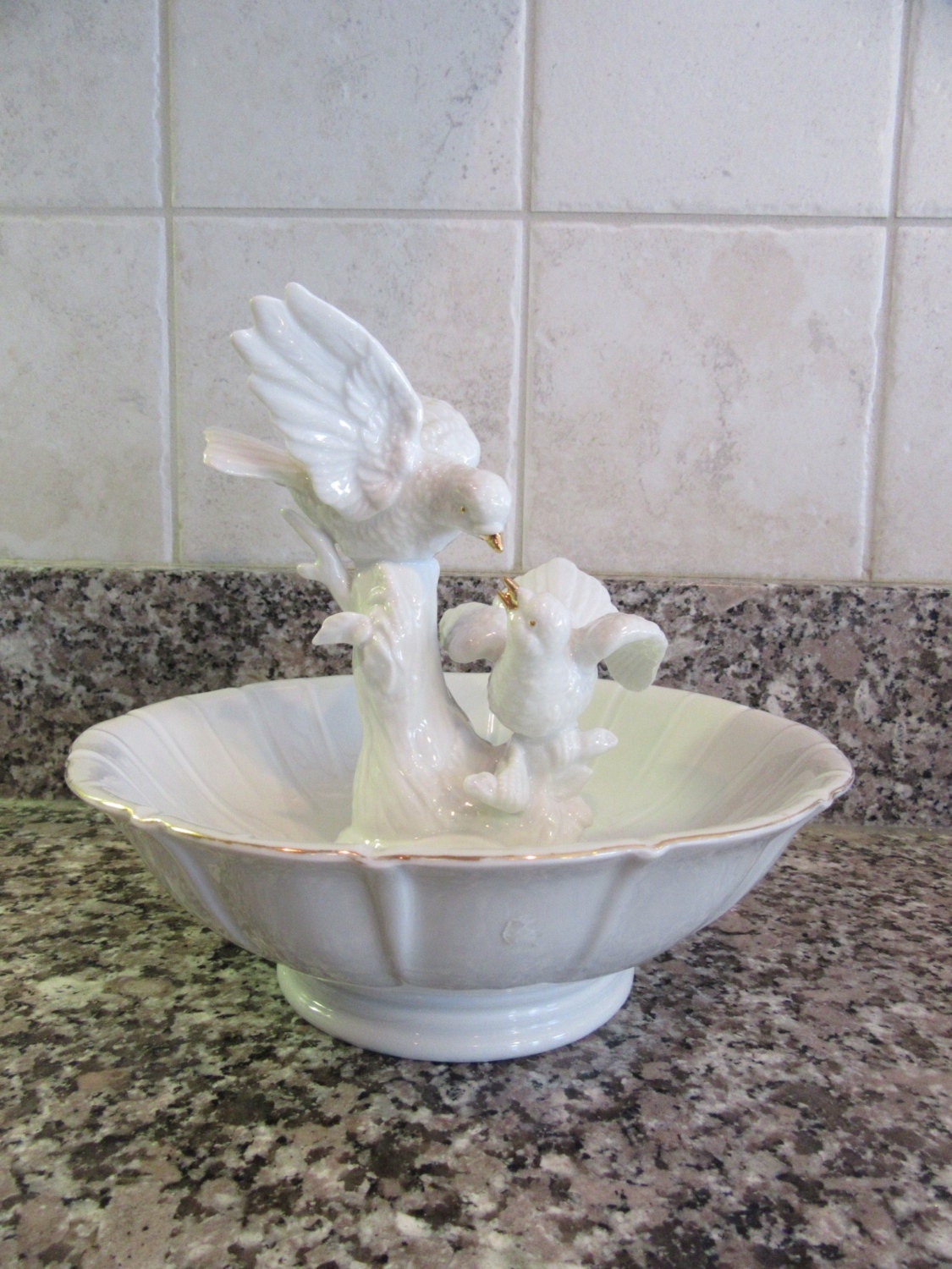 Beautiful white footed candy dish with birds on branch