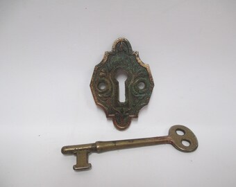 Antique Eastlake Skeleton Key Plate & Key, Brasss Key Escutcheon, Victorian Salvaged Hardware for Restoration