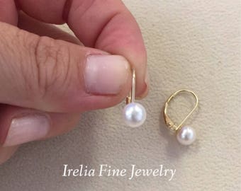 14k Yellow Gold 5- 6 mm Akoya Pearl Lever Back Earrings Also Available in 14k White Gold --Ready to Ship--