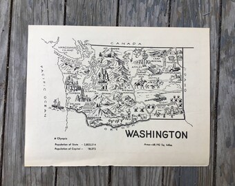 Washington Map Print / Original Washington State Map / Vintage Map Art / Coloring Book Page / State Wall Art Print / Travel Wall Decor