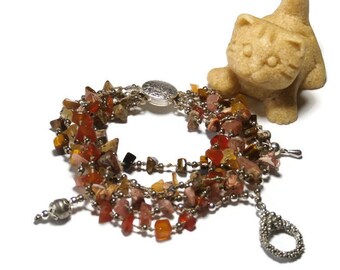 Bohemian bracelet, MULTISTRAND, pink, orange, semi precious stones