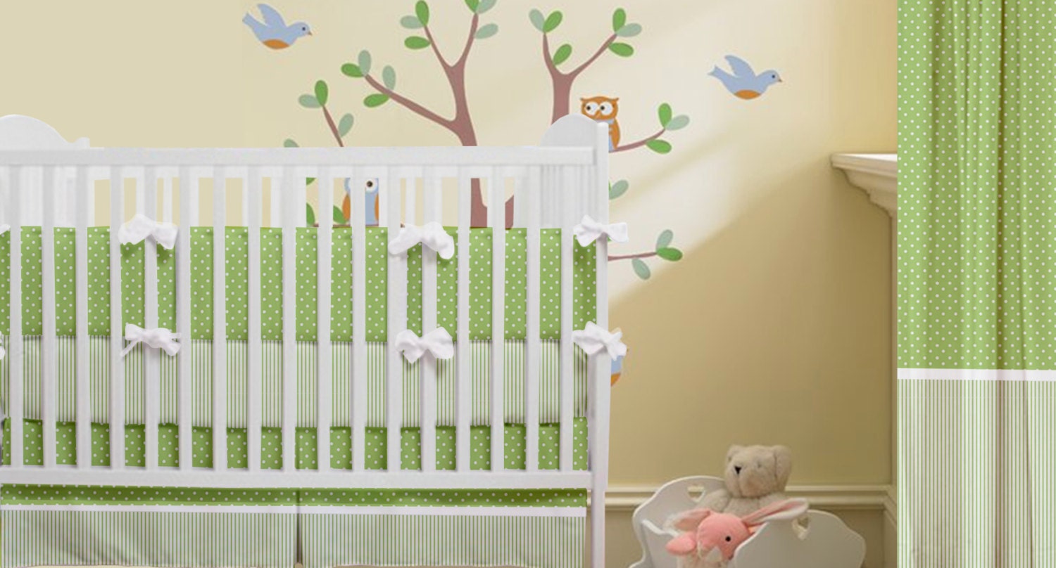 Custom 4 piece Lime Green Nursery Set Curtain panels & Crib