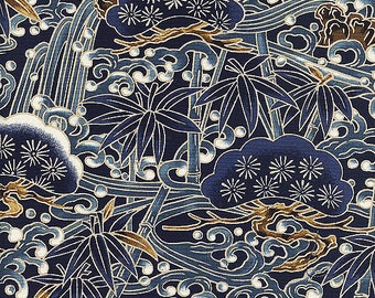 Pine and Bamboo: Navy Blue Asian Japanese Fabric - (By The Half Yard)