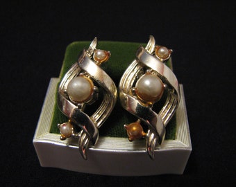 Vintage Coro Gold Tone and White Faux Pearl Swirled Clip Earrings