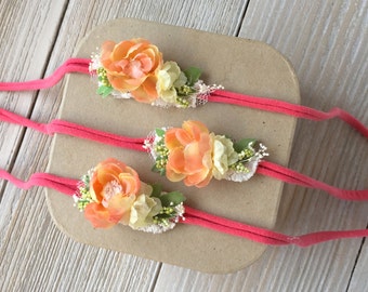 Coral Pink Green Jersey Knit Tieback Headband for Baby Girl - Newborn, Baby, Toddler, Child - Ready to Ship