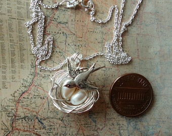 Bird Nest 2 EGGS WITH MAMA Bird Necklace White Freshwater pearls Silver
