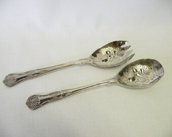Set of Silverplate Salad Serving Utensils - Shell Design - Kings Pattern - China - Holiday Flatware, Tea Party Service, Weddings, Parties