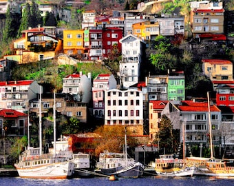 Colorful Houses On A Hill Bosphorus Istanbul photography, colorful wall decor