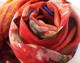 Red Silk Scarf with Floral Print - Red Floral Silk Scarf - Floral Red Silk Chiffon Scarf - AS2015-69